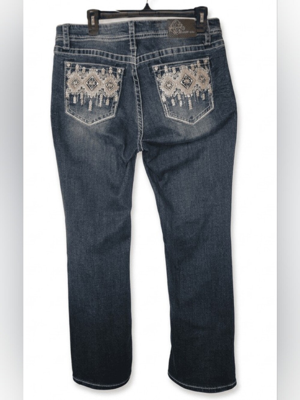 Grace in LA Embroidered Aztec Boho Back-Pocket Bootcut Jeans Size 32 Stylish